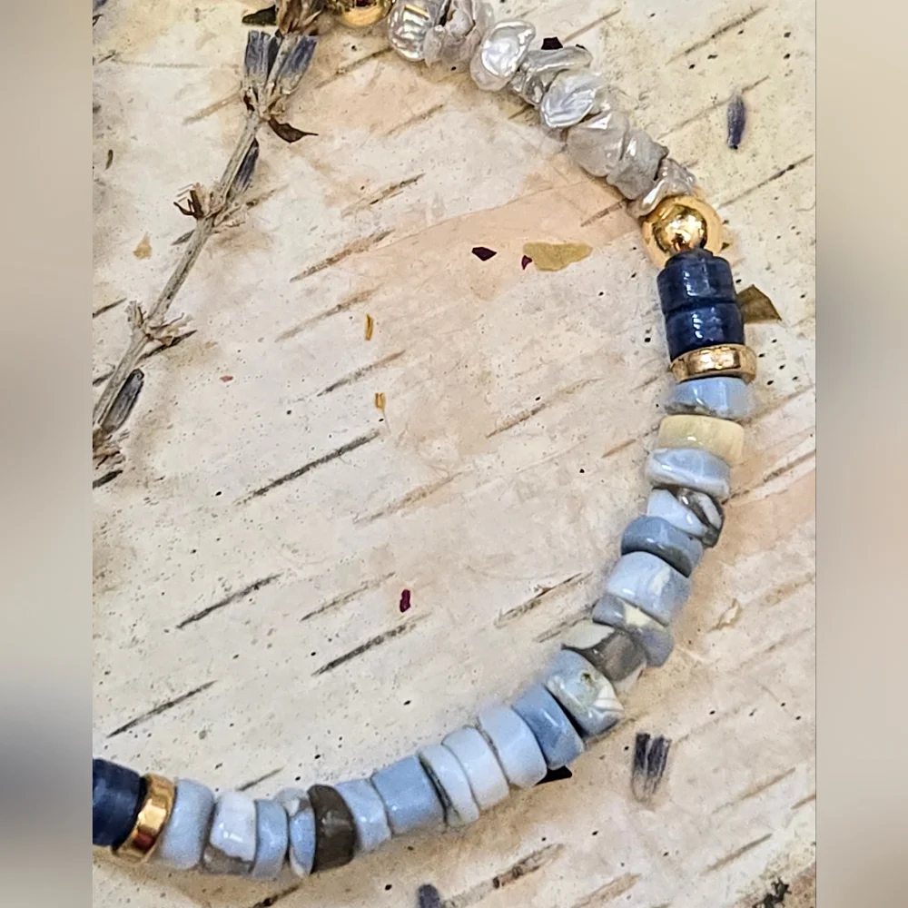 Nature's Blue Opal & Kyanite W/ Keshi Pearls In Statement Gold Plated Bracelet